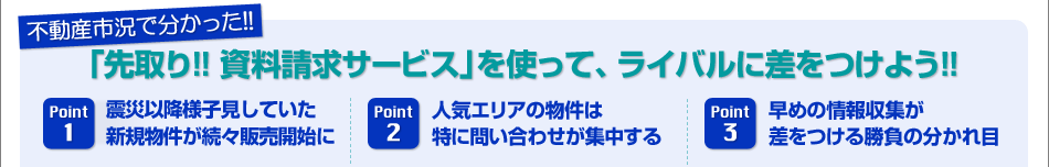不動産市況で分かった!!　「先取り!!　資料請求サービス」を使って、ライバルに差をつけよう!!